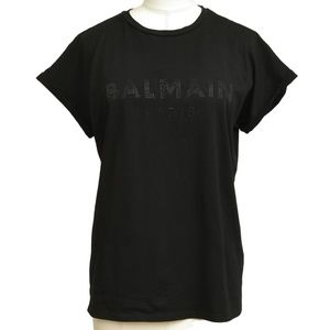 BALMAIN PARIS T-Shirt Black Top Embellishment Cap Sleeve Crew Neck Cotton XS